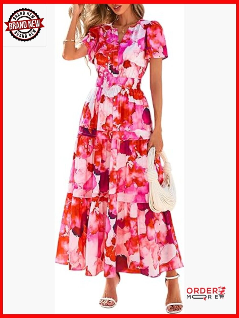 Maxi Dress with Pockets Tiered V Neck Short Sleeve Flowy Boho Summer Vacation
